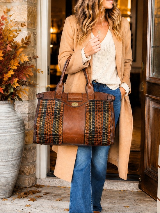 Fossil Handbags - FOSSIL vintage reissue weekender XL leather plaid tote travel bag